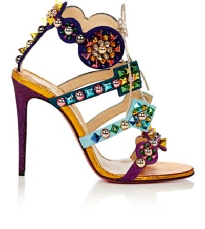 Christian Louboutin Kaleikita 100 Studded Suede, Metallic And Glittered Leather Sandals In Version Gold