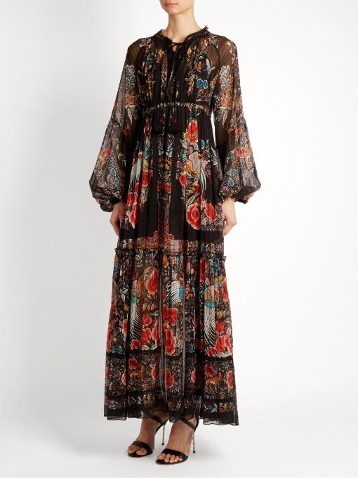 Roberto Cavalli Ancient Garden-print Chiffon Dress In Eero | ModeSens