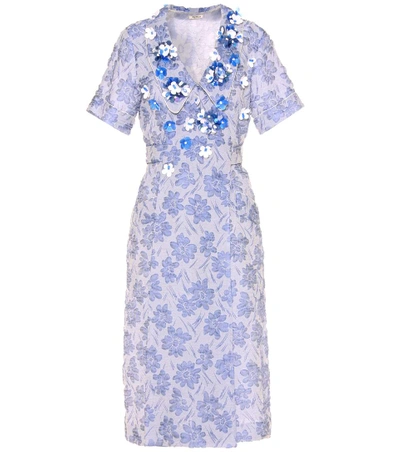 Miu Miu Floral-embellished Cloque Day Dress, Light Blue
