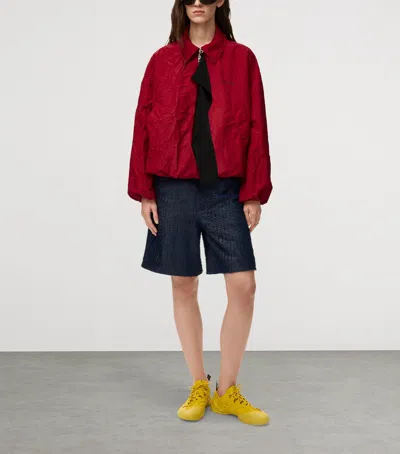 Loewe Draped-detail Embroidered-logo Zip-up Jacket In Red