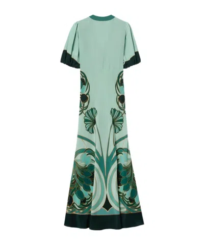 La Doublej Marlene Satin-trimmed Printed Silk-crepe Midi Dress In Gray