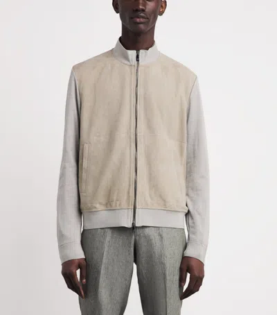 Corneliani Stretch-silk Suede-front Bomber Jacket In Grey