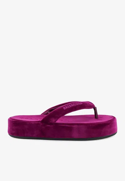Balenciaga Jet Lag Stretch Velvet Platform Thong Sandals In Purple