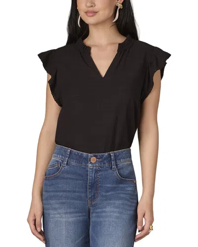Wit & Wisdom Cap Flutter Sleeve Ruffle Split Neck Top In Black