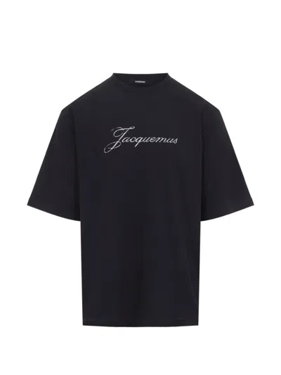 Jacquemus Relaxed Fit Black T-shirt With Cursive Script Logo In Black