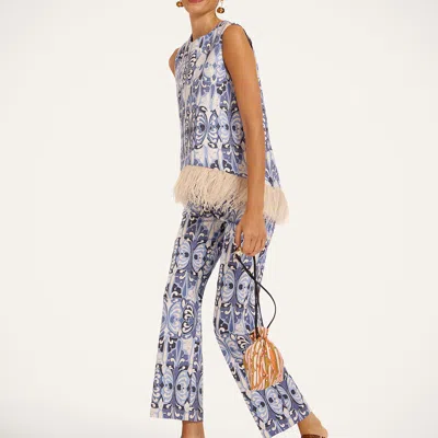 La Doublej 24/7 Printed Cotton Flared Pants In Blue