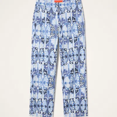 La Doublej 24/7 Printed Cotton Flared Pants In Blue