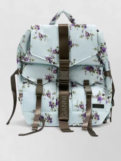 Ganni Re-tech Nylon Backpack With Floral Pattern In Blue