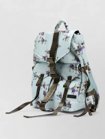Ganni Re-tech Nylon Backpack With Floral Pattern In Blue