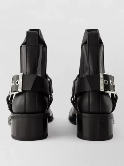 Ganni Buckle-strap Leather Ankle Boot In Black
