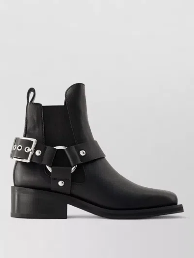 Ganni Buckle-strap Leather Ankle Boot In Black