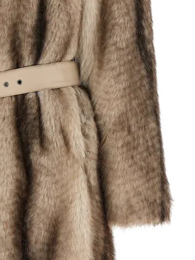 Twinset Long-sleeved Faux Fur Coat With A Tie-waist In Brown