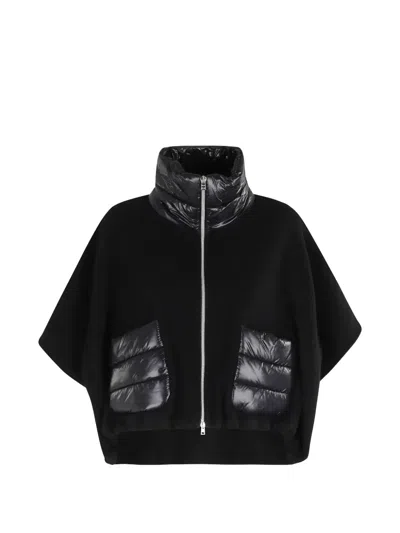 Herno Women Resort Poncho In Wool And Cashemre With Ultralight Nylon Details In Black