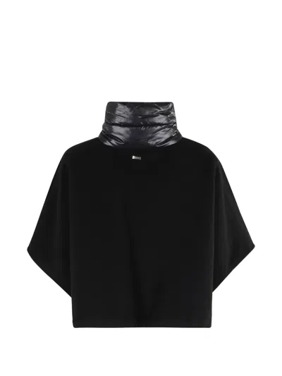 Herno Women Resort Poncho In Wool And Cashemre With Ultralight Nylon Details In Black