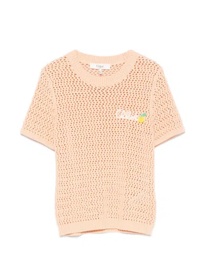 Chloé Chloe Logo-intarsia Open-knit Cotton T-shirt In Orange