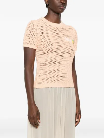 Chloé Chloe Logo-intarsia Open-knit Cotton T-shirt In Orange