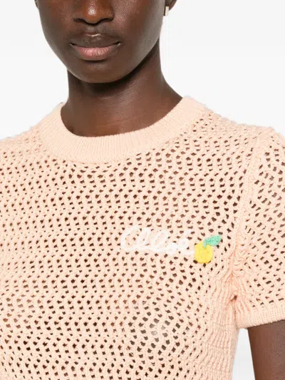 Chloé Chloe Logo-intarsia Open-knit Cotton T-shirt In Orange