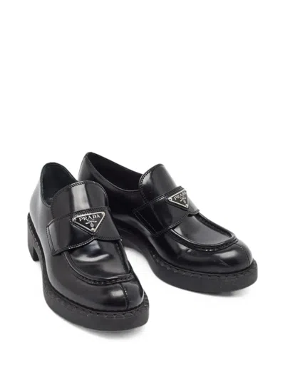 Pre-owned Prada Triangle Platform Loafers In Black