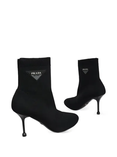 Pre-owned Prada Logo Sock Ankle Boots In Black
