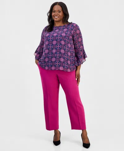 Kasper Plus Size Printed Ruffled 3/4-sleeve Top In Multi