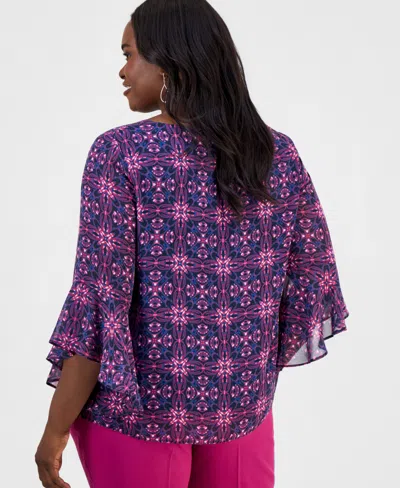 Kasper Plus Size Printed Ruffled 3/4-sleeve Top In Multi
