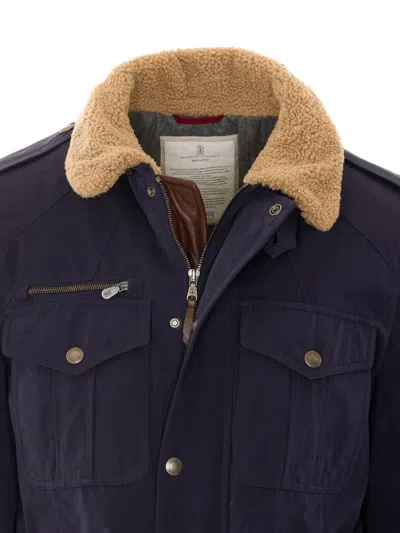 Brunello Cucinelli Shearling-collar Multi-pocket Jacket In Blue