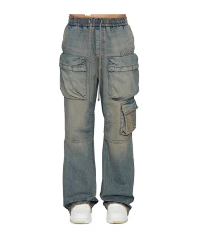 Amiri Drawstring Baggy Denim Cargo Pants In Blue