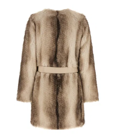 Twinset Long-sleeved Faux Fur Coat With A Tie-waist In Brown
