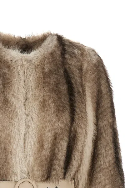 Twinset Long-sleeved Faux Fur Coat With A Tie-waist In Brown