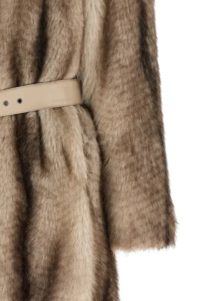 Twinset Long-sleeved Faux Fur Coat With A Tie-waist In Brown