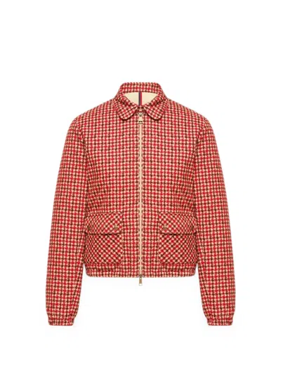Moncler Lanset Houndstooth-pattern Zip-up Jacket In Red