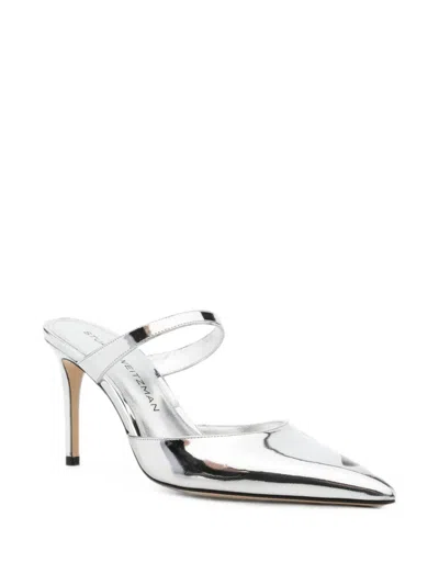 Stuart Weitzman Pointed-toe Metallic Mules In Silver