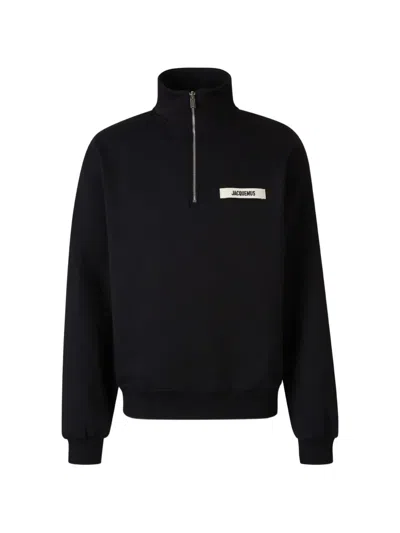 Jacquemus High Neck Zip Sweatshirt With Logo Detail And Gathered Cuffs In Black