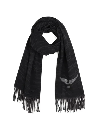 Zadig & Voltaire Tiger-pattern Strass-embellished Scarf In Black