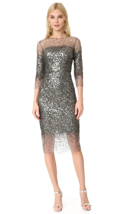 Monique Lhuillier Sequined 3/4-sleeve Illusion Midi Dress, Silver