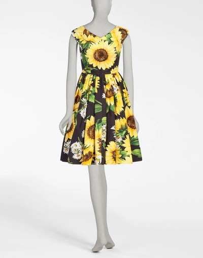 Shop Dolce & Gabbana Printed Cotton Dress With A Full Skirt In Sunflower Print