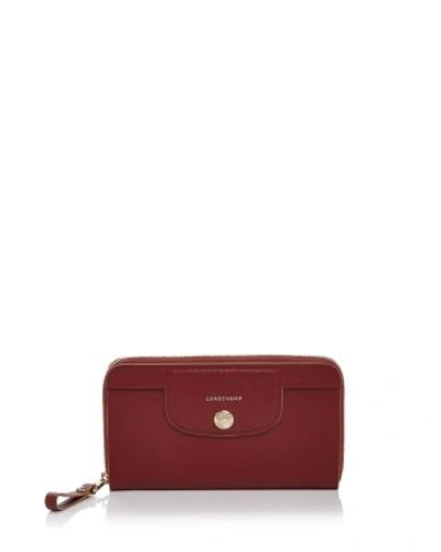 Longchamp Le Pliage Heritage Zip Leather Wallet In Red Lacquer/gold