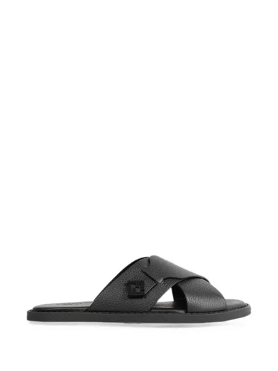 Fendi Crossed X-strap Calfskin Slide Sandals In Black