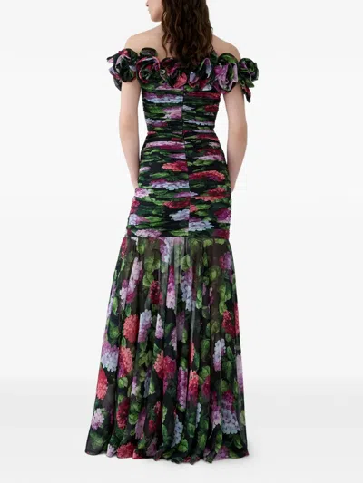 Carolina Herrera 오프숄더 디자인 앤 하이드렌지아 프린트 시폰 이브닝 드레스 In Multi