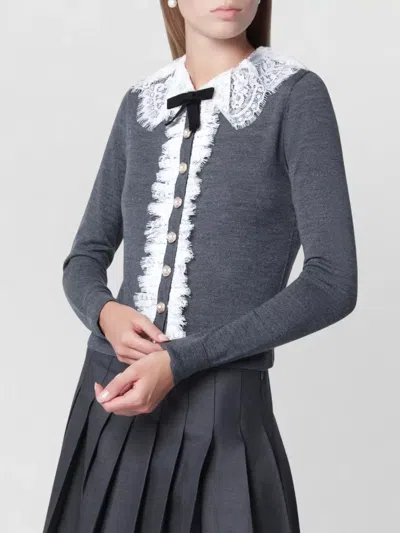 Self-portrait Self Portrait Knitted Wool Cardigan With Lace Collar In Grey In Gray