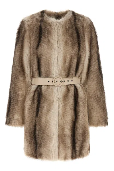 Twinset Long-sleeved Faux Fur Coat With A Tie-waist In Brown