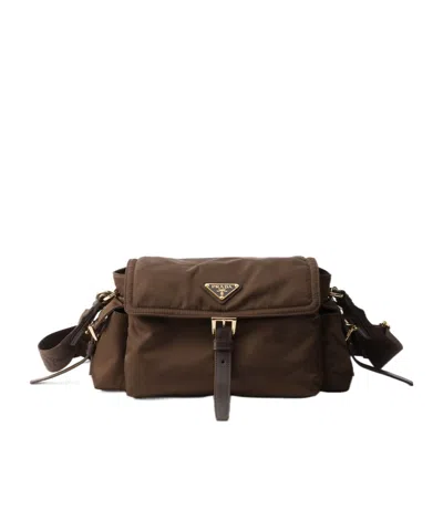 Prada Explore Medium Re-nylon Shoulder Bag With Flap In Ochre