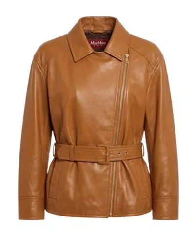 Max Mara Giusto Belted Leather Biker Jacket In Brown