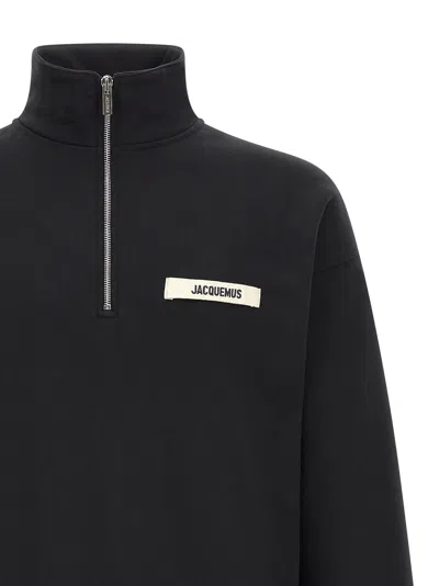 Jacquemus High Neck Zip Sweatshirt With Logo Detail And Gathered Cuffs In Black