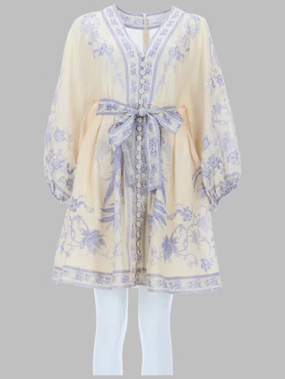 Zimmermann Womens Indra Plunge Linen Mini Dress Cream Lilac Floral In Neutral