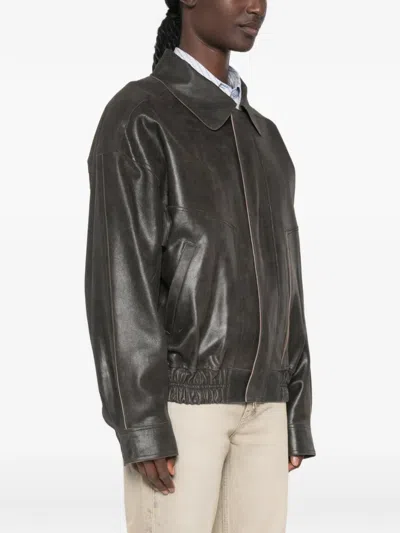 Alysi Leather Bomber Jacket In Black