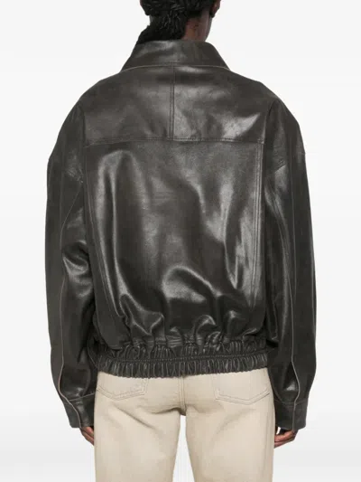 Alysi Leather Bomber Jacket In Black