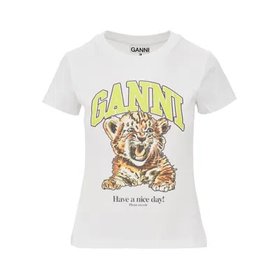 Ganni Organic Cotton T-shirt With Front Print In White