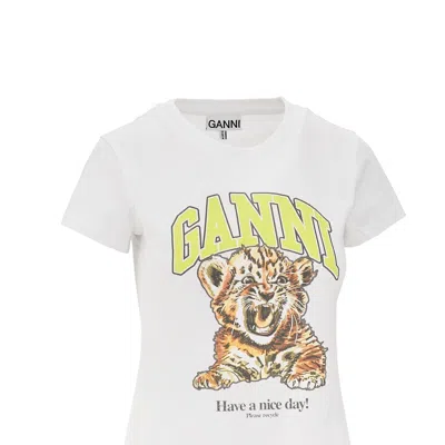 Ganni Organic Cotton T-shirt With Front Print In White