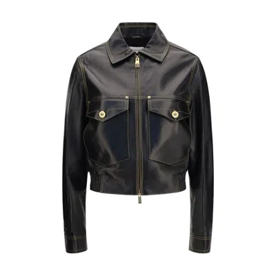 Versace Leather Collared Coat Front Pockets Stitching In Black